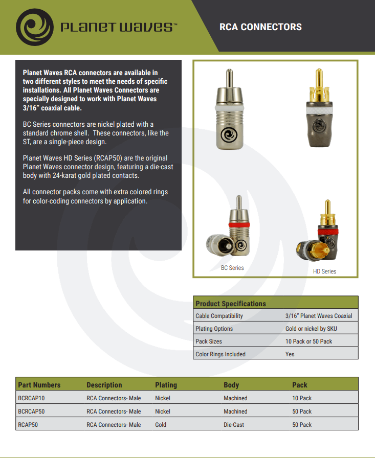 Planet Waves BC Series Solderless RCA Connectors